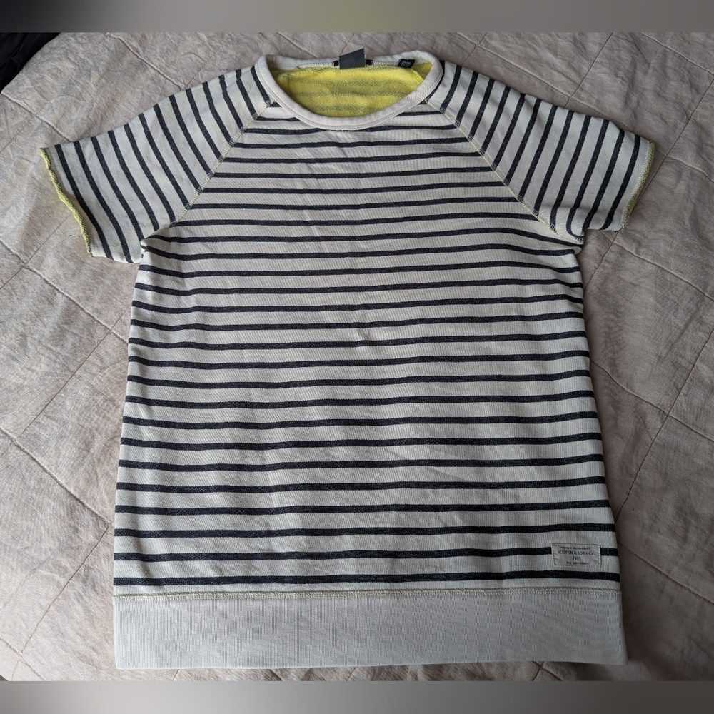 Scotch & Soda White Tee with Navy Stripes and Yellow Trim